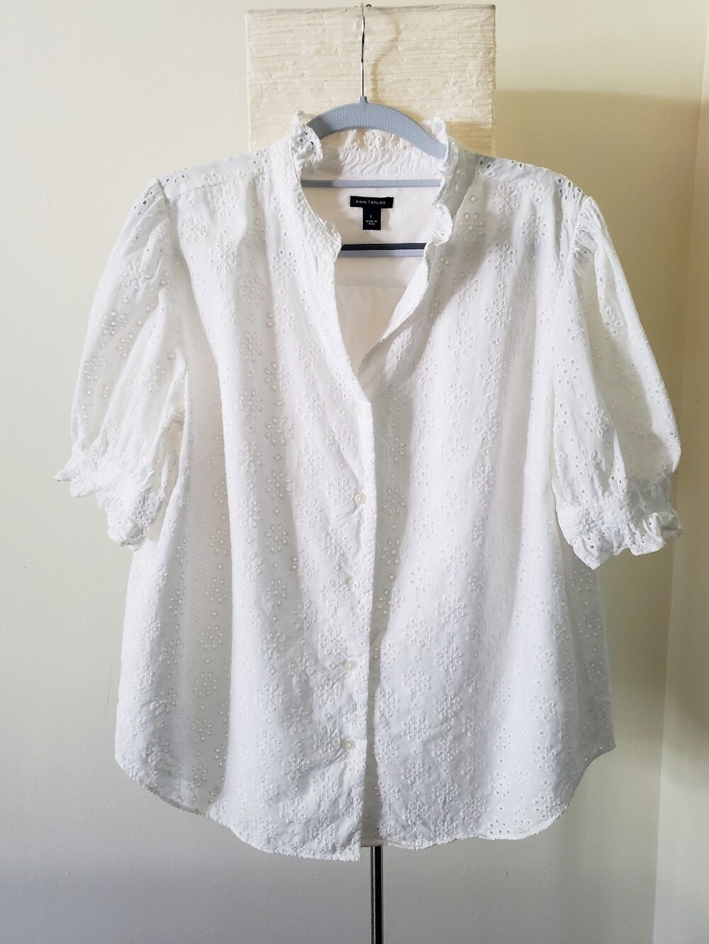 Ann Taylor White Eyelet Ruffle-Trim Button Down Top Size Large